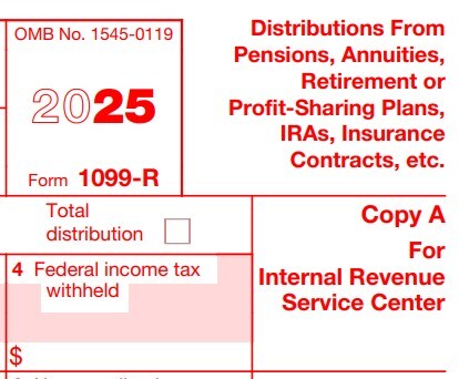 IRS 1099-R form closeup - tax year 2025