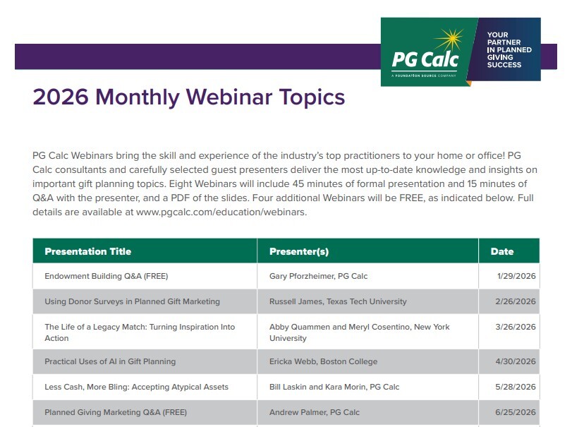 PG Calc webinars - image of the 2026 schedule