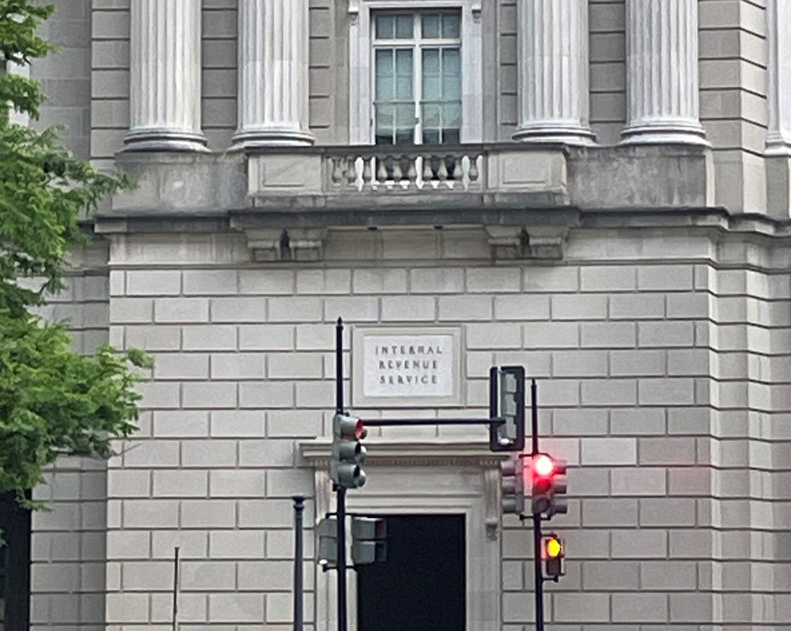 IRS building with a red light in the foreground