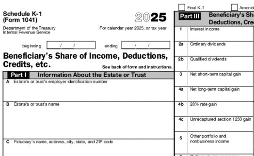 image of close up of IRS K-1 Form 1041 for 2025