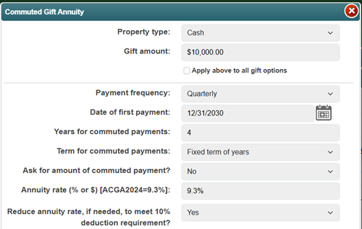 PG Calc PGM Anywhere: commuted gift annuity options window