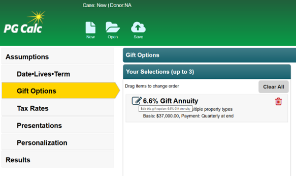 PGM Anywhere screenshot showing the Gift Options menu