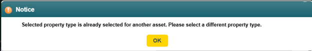 PGM Anywhere screenshot showing the popup notice when the user attempts to use the same property type more than once