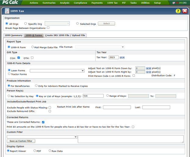 Screenshot of PG Calc GiftWrap software - Print 1099-R Forms preferences