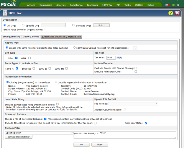 Screenshot of PG Calc GiftWrap software -1099-R Form corrections screen