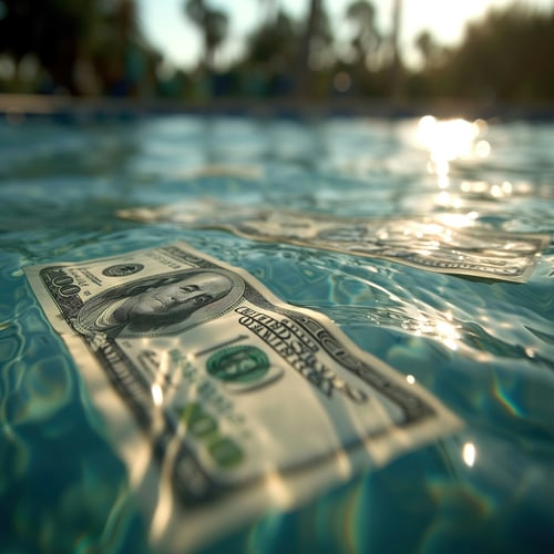 image of a pool with hundred dollar bills floating in it by obie fernandez unsplash