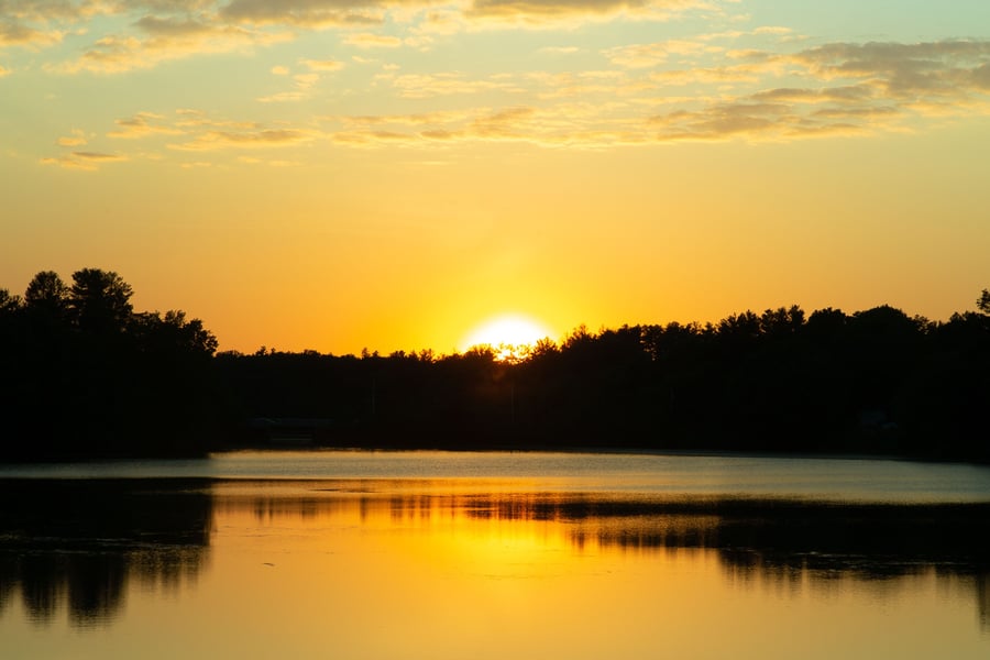 sunset behind trees reflected in a body of water - photo by warren bailey